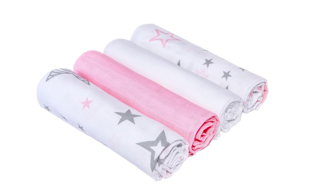 MAKIAN Serviette en gaze 4-er Set 80 x 80 cm Étoiles roses et blanches