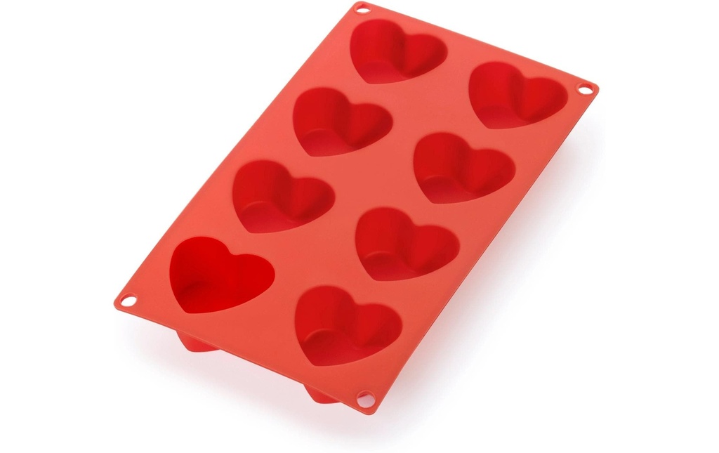Lékué Moule à pâtisserie à motif Cœurs, silicone, Rouge, 8 alvéoles