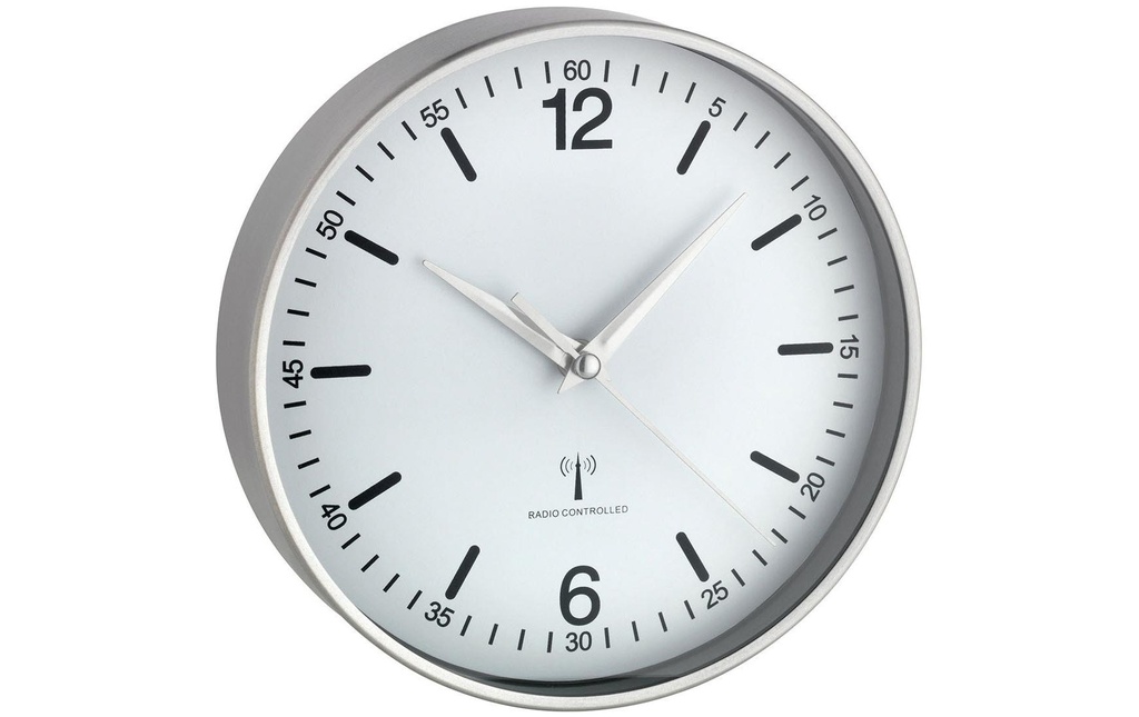 TFA Dostmann Horloge murale radio avec cadre en aluminium 19,5 cm, Argenté/Blanc