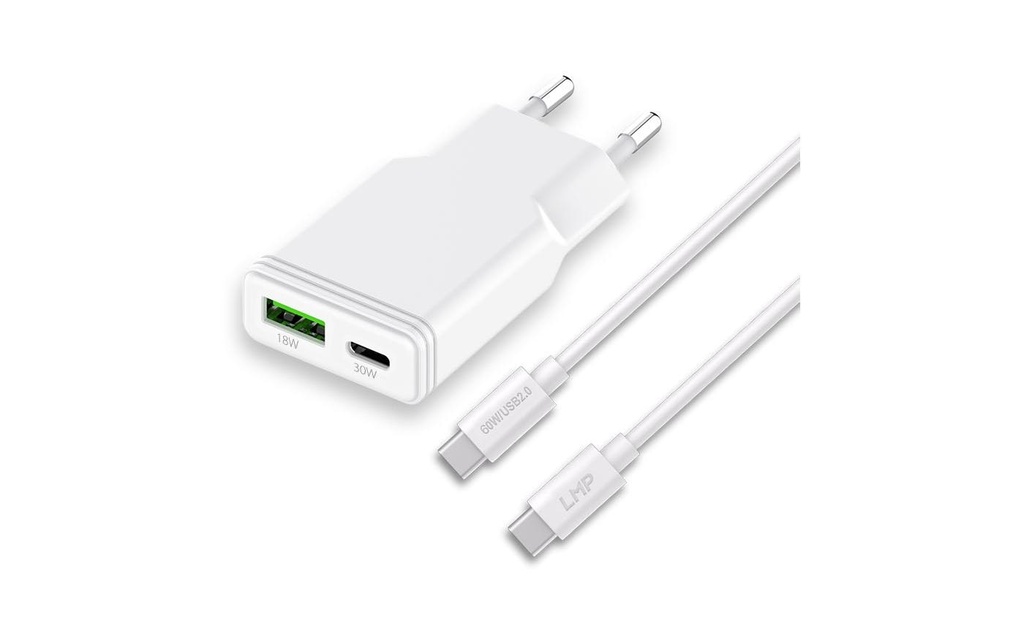 LMP Chargeur mural USB 30W USB-A/C Dual Power Ultra Slim avec 1x câble de charge USB-C