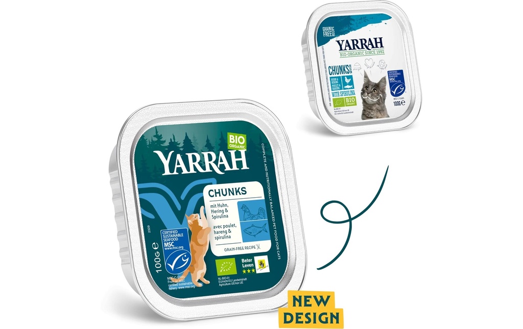 Yarrah Alimentation humide bio Chunks bio au poulet et au hareng 16x 100 g