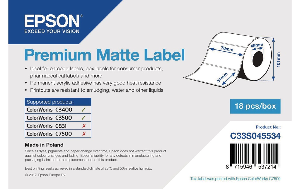Epson Rouleau à étiquettes Premium 76 x 51 mm