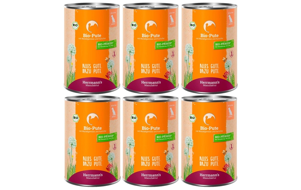 Herrmann's Alimentation humide Dinde bio avec panais et pomme de terre 6 x 400 g