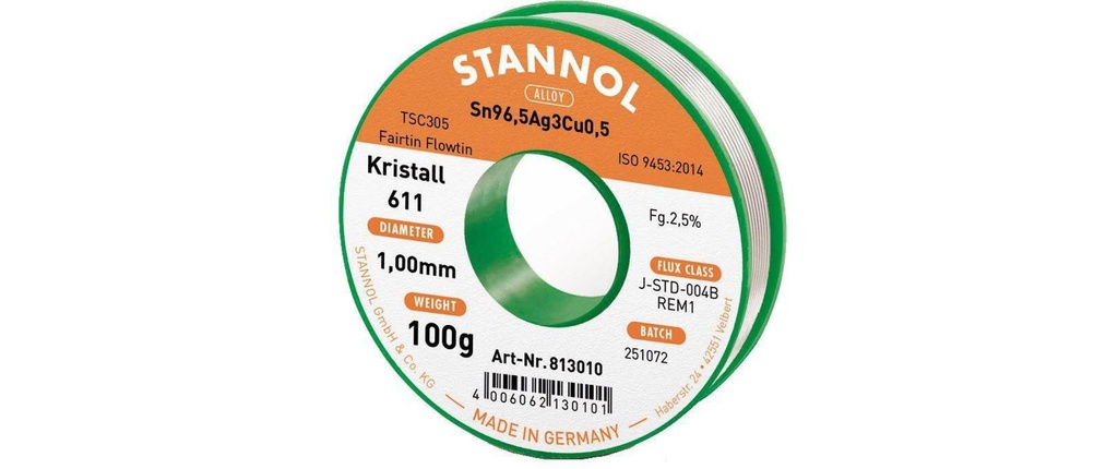 Stannol Étain à braser Kristall 611 TSC Ø 1.0 mm 100 g