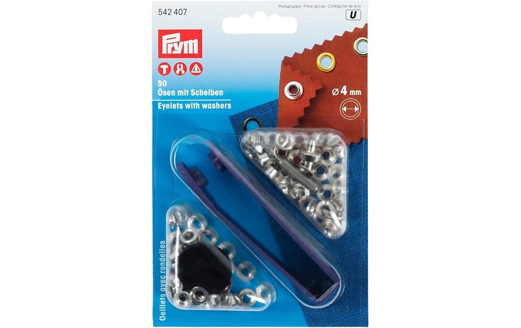 Prym Œillets + rondelles 4 mm, Argent, 50 pièces
