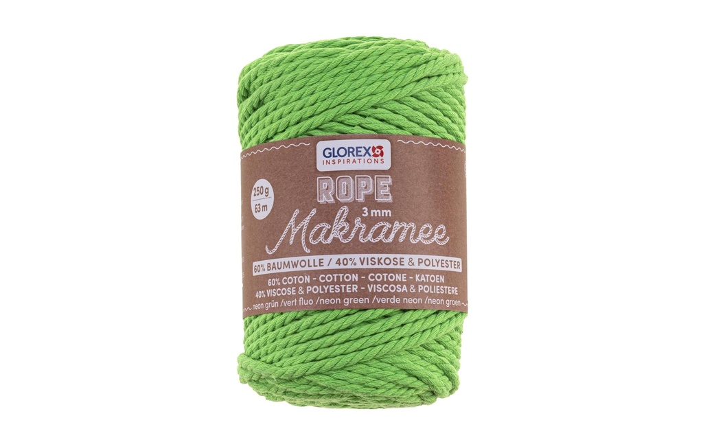 Glorex Laine Macramee Rope torsadé 63 m x 3 mm, 250g, vert fluo