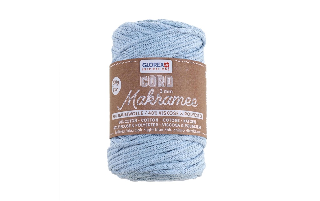 Glorex Laine Cordon de macramé tissé 63 m x 3 mm, 250g, bleu clair