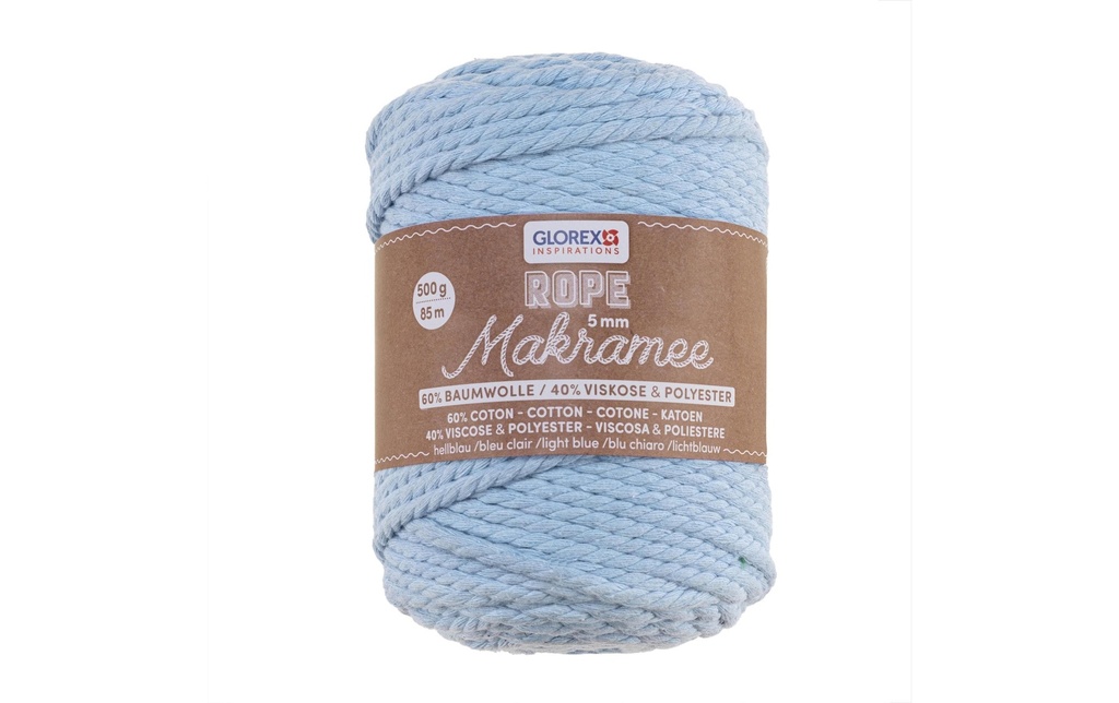 Glorex Laine Macramee Rope torsadé 85 m x 5 mm, 500g, bleu clair