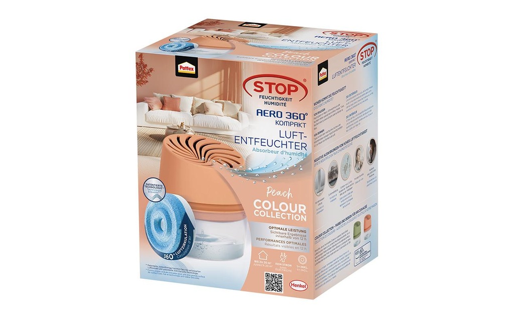 Pattex AERO 360° Déshumidificateur avec recharge, 450 g, Pêche