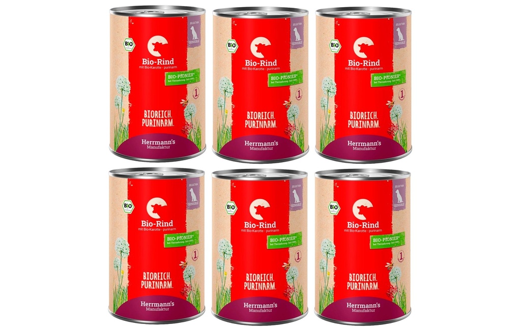 Herrmann's Alimentation humide Bœuf bio aux carottes – pauvre en purines 6 x 400 g