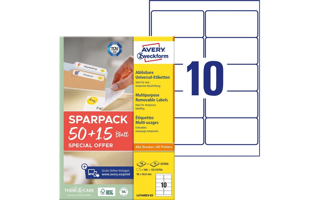 Avery Zweckform Étiquettes universelles L4744REV-65, 96 x 50.8 mm, 65 feuille