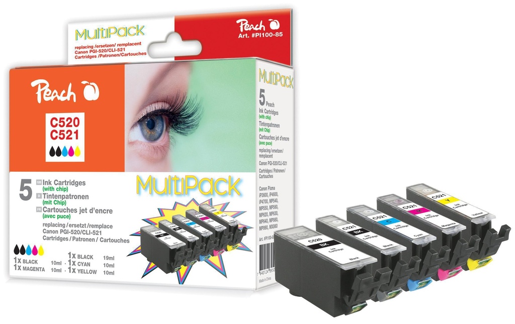 Peach Kits d’encre Canon PGI-520XL / CLI-521XL C, M, Y, 2x BK