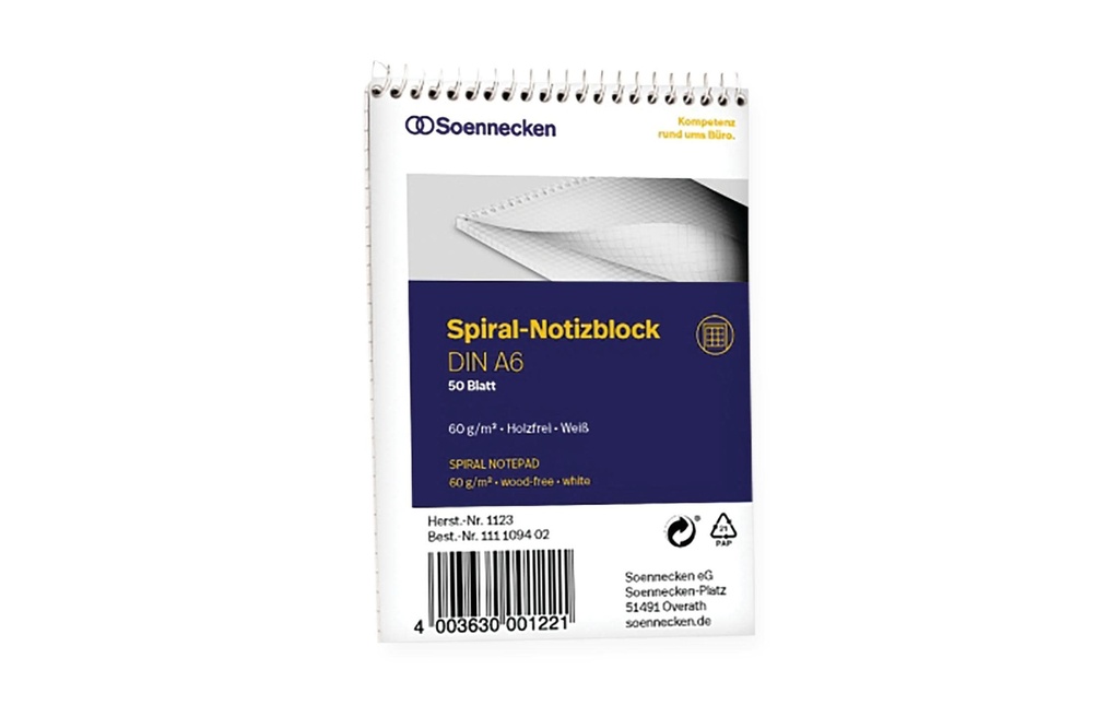 Soennecken Bloc-notes à spirale A6, 50 feuilles, quadrillées