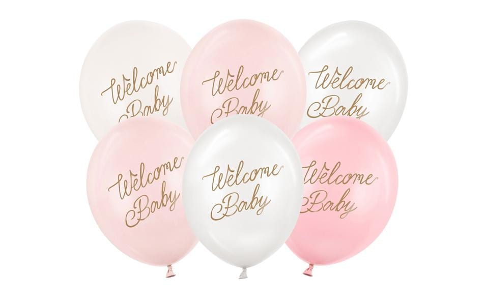 Partydeco Ballon de baudruche Welcome Baby, Blanc / Rose, 30 cm, 6 pièces