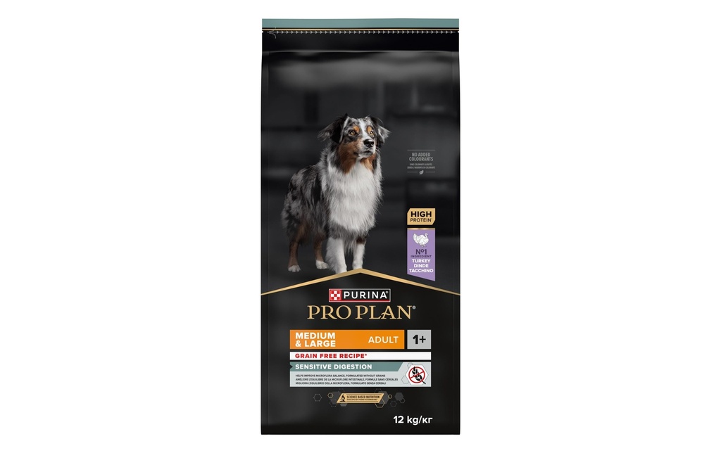 Purina Pro Plan Alimentation sèche M/L Adult Sens. Dig. Grainfree Dinde, 12 kg