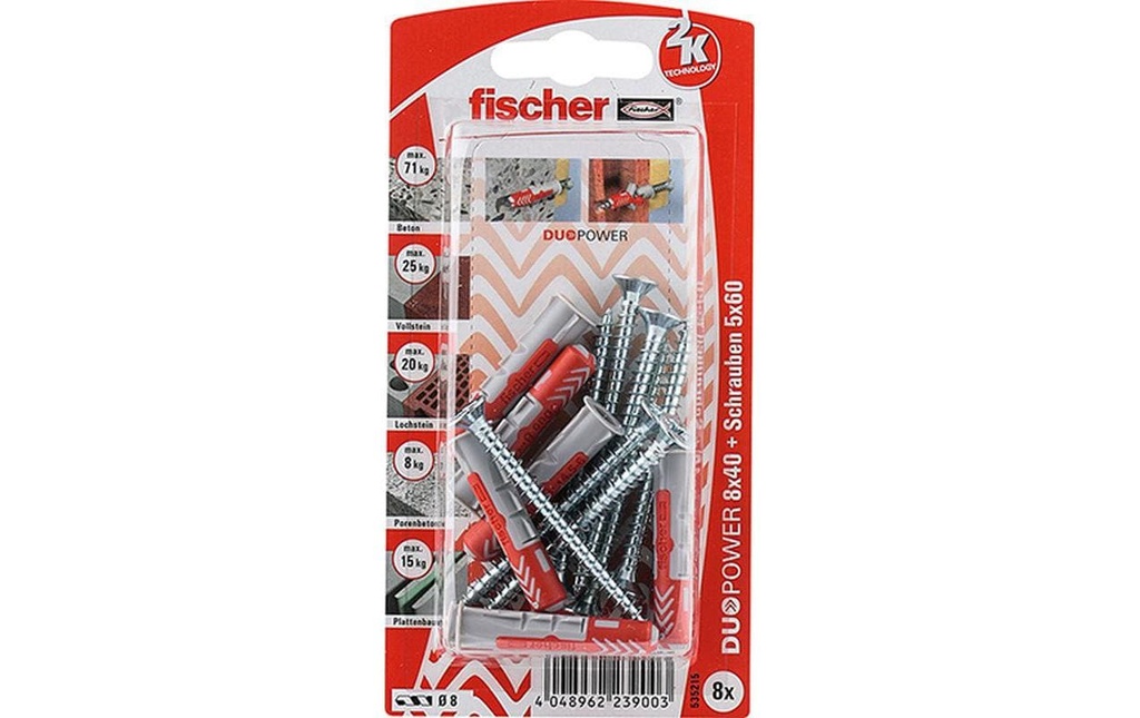 Fischer Chevilles DUOPOWER 8 x 40 S, 8 Pièce/s