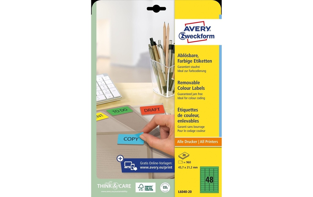 Avery Zweckform Étiquettes universelles non-permanent Vert, 20 Feuille