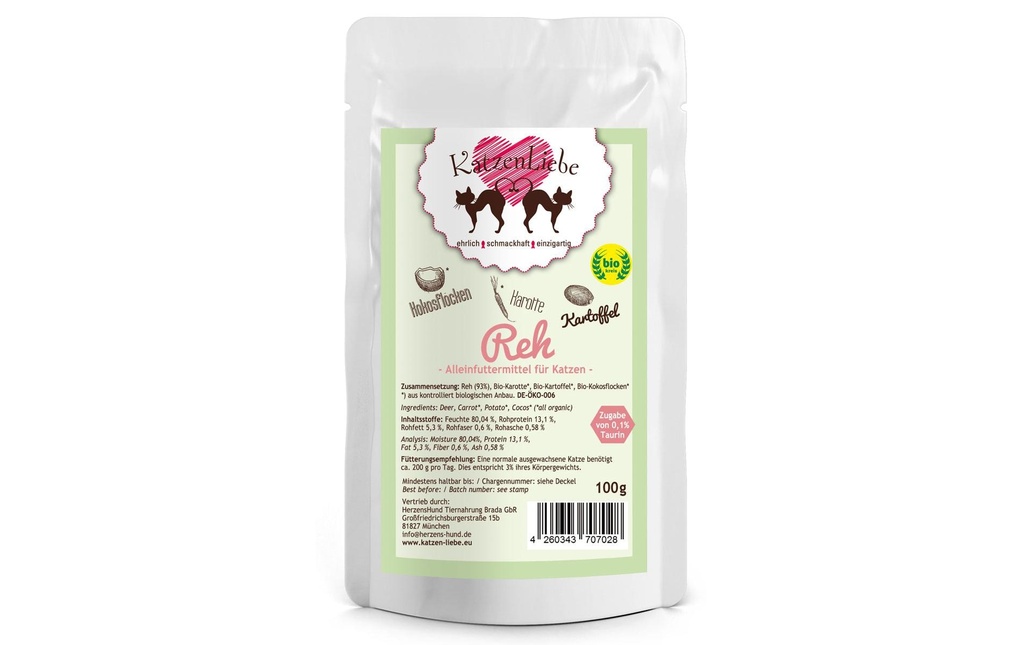 KatzenLiebe Alimentation humide Chevreuil avec pomme de terre bio, 100 g