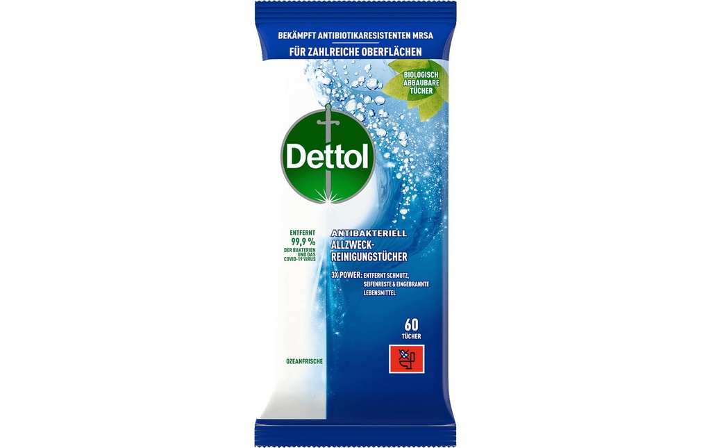 Dettol Lingettes nettoyantes multi-usages Fraîcheur de l'océan 60 pièces