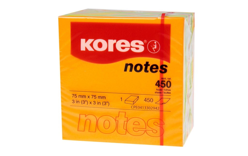Kores Fiche de bloc-notes cube de néon 7,5 x 7,5 cm, 450 feuilles