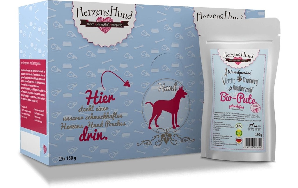 HerzensHund Alimentation humide Dinde bio sans céréales avec carotte bio, 130 g