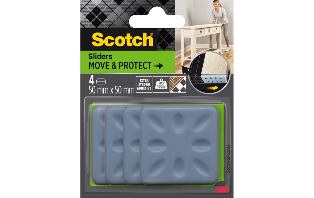 Scotch Patins pour meubles Move & Protect, 50 mm x 50 mm, Gris, paquet de 4