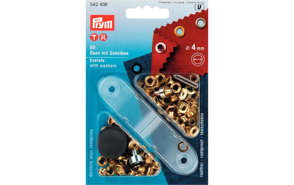 Prym Œillets + rondelles 4 mm, Or, 50 pièces