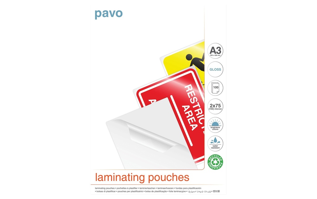 Pavo Film laminé A3, 75 µm, 100 pièces, brillant; Étanche