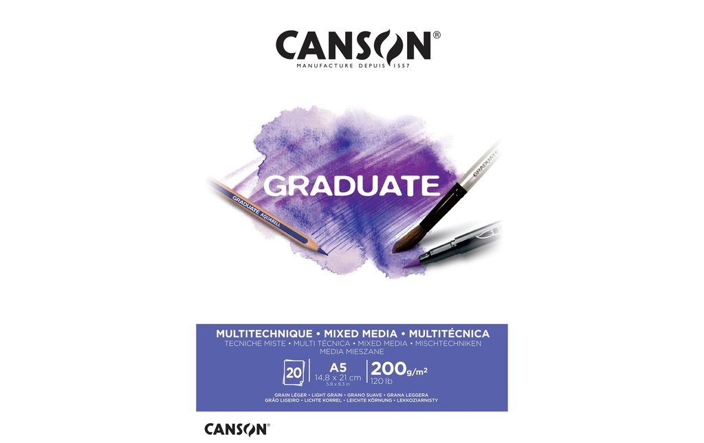 Canson Carnet de dessin Graduate Mixed Media A5, 20 feuilles