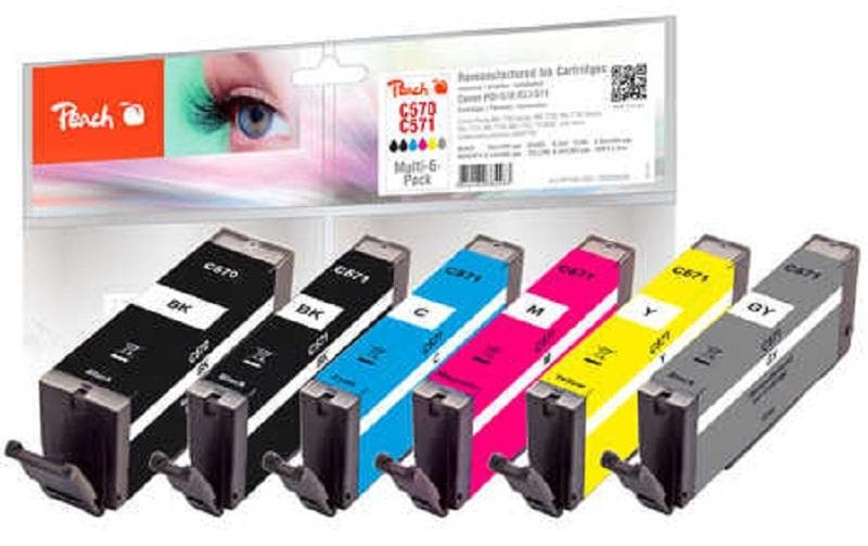 Peach Kits d’encre Canon 570/571L, Multi-6-Pack BK/PBK/C/M/Y/G