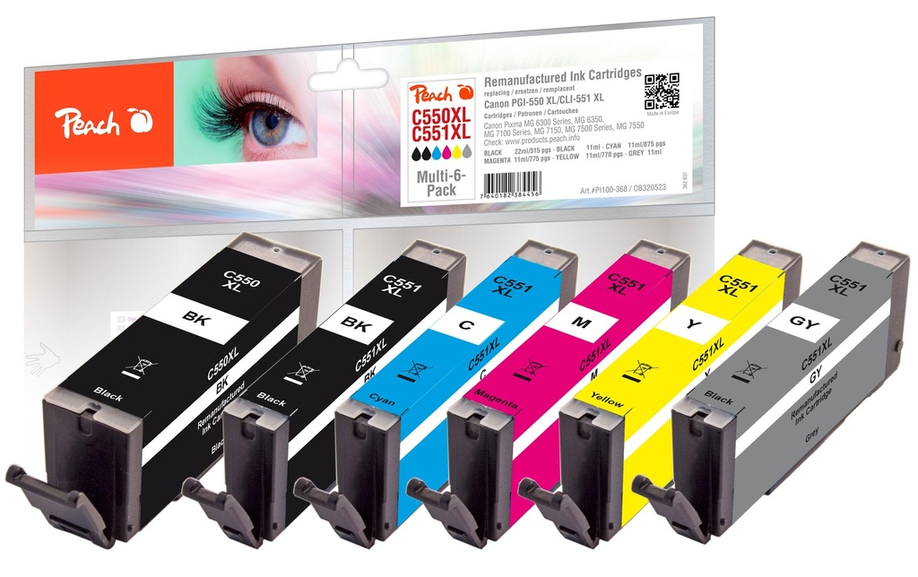 Peach Encre Canon 550XL/551XL, PEA, Multi-6-Pack BK, C, M, Y, G