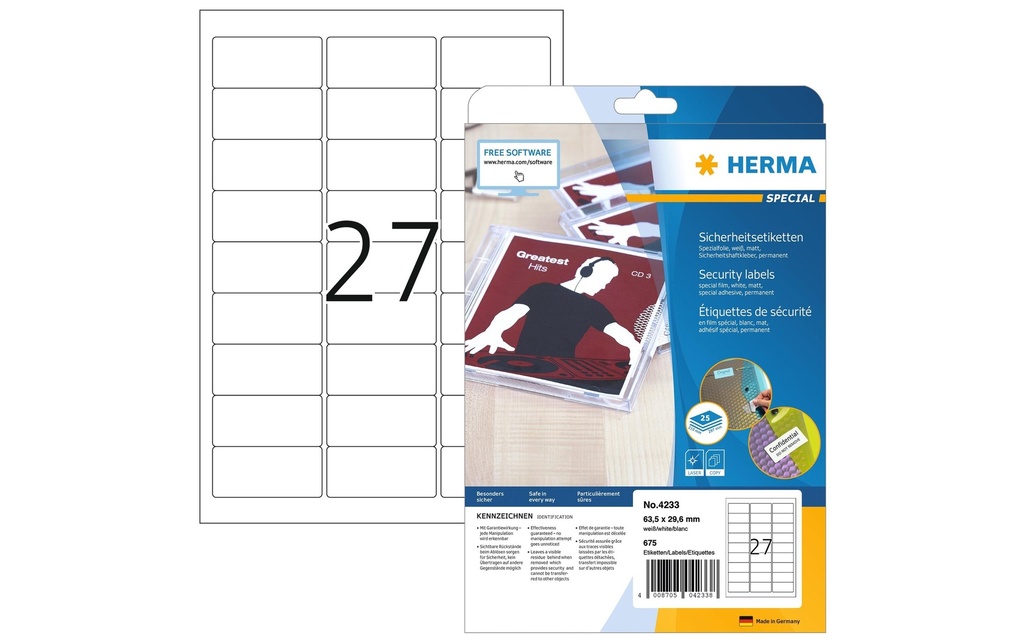HERMA Étiquettes de sécurité 4233  63.5 x 29.6 mm