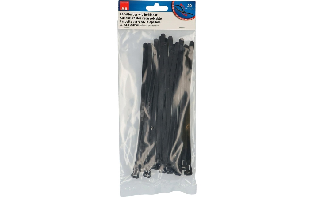 Max Hauri Serre-câble 20 pièces Noir 200 mm x 7.5 mm