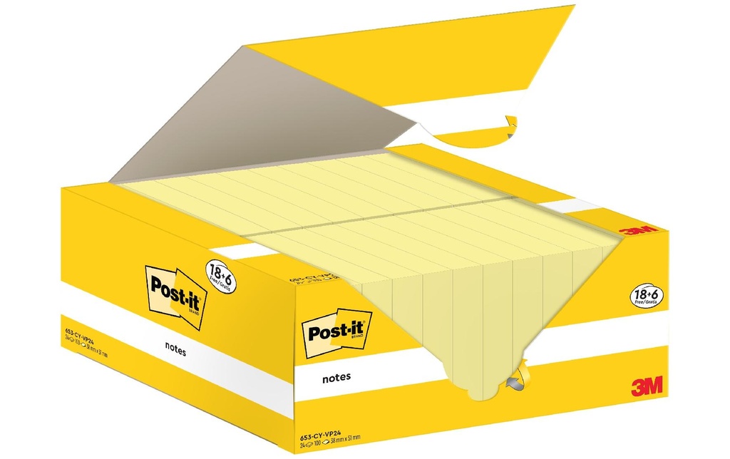 Post-it Fiche de bloc-notes 3M, 38 x 51 mm, 18+6 blocs, jaune