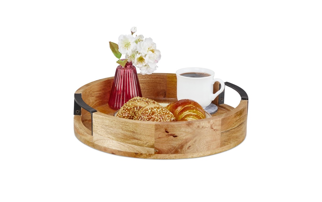 relaxdays Plateau de service Bois de manguier Nature, noir, 35 cm