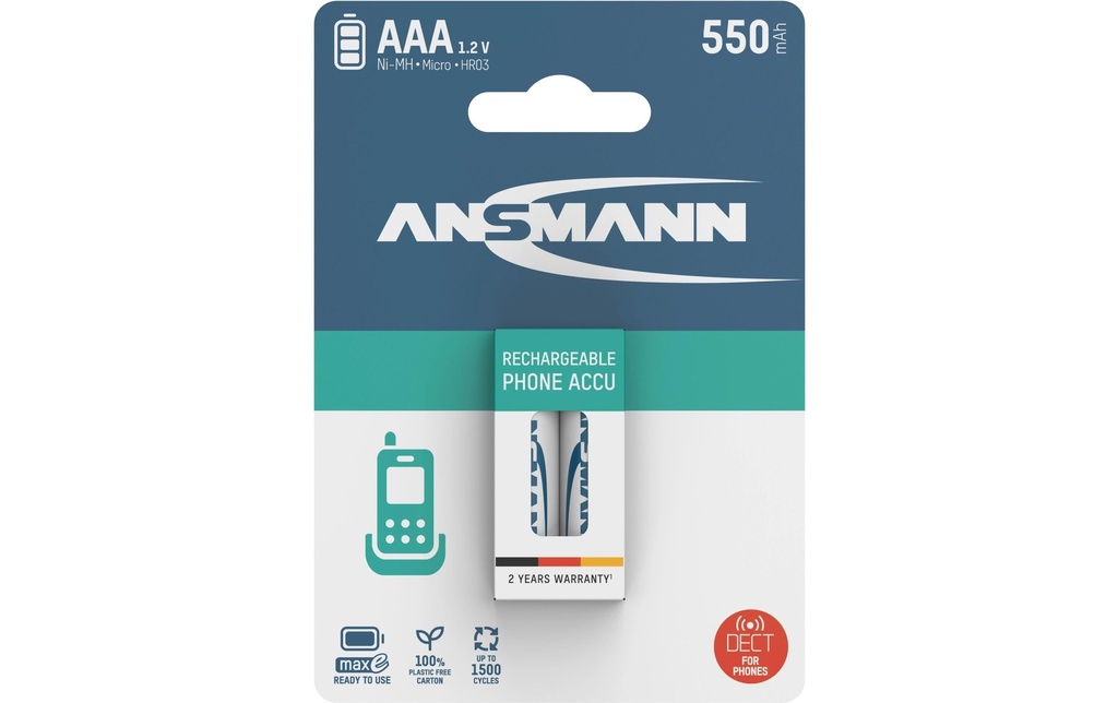 Ansmann Batterie Phone NiMH AAA pour téléphones DECT 550 mAh, 2 Pièce/s
