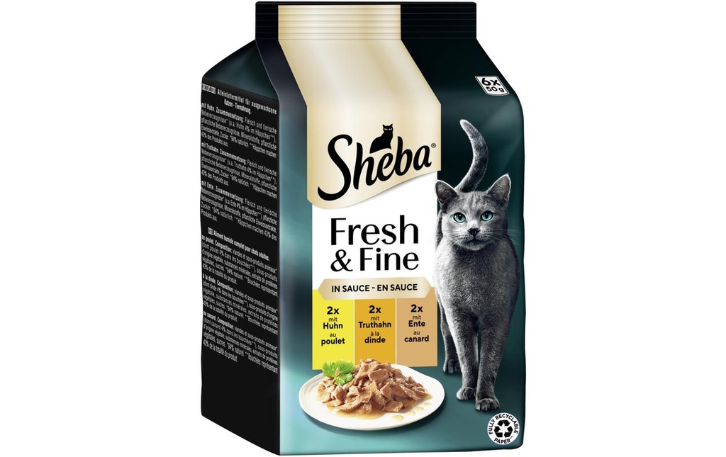 Sheba Alimentation humide Sauce au poulet, à la dinde et au canard, 6 x 50g