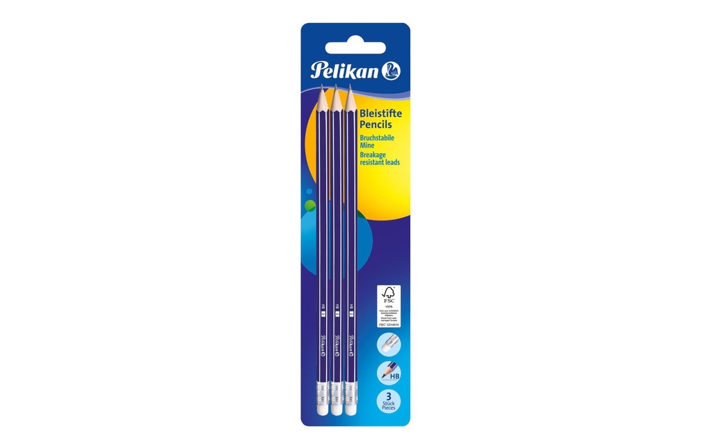Pelikan Crayon HB, Bleu avec gomme, 3 pièces