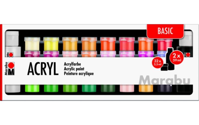 Marabu Peinture acrylique Set Basic, 32 x 3.5 ml, 2 x 59 ml