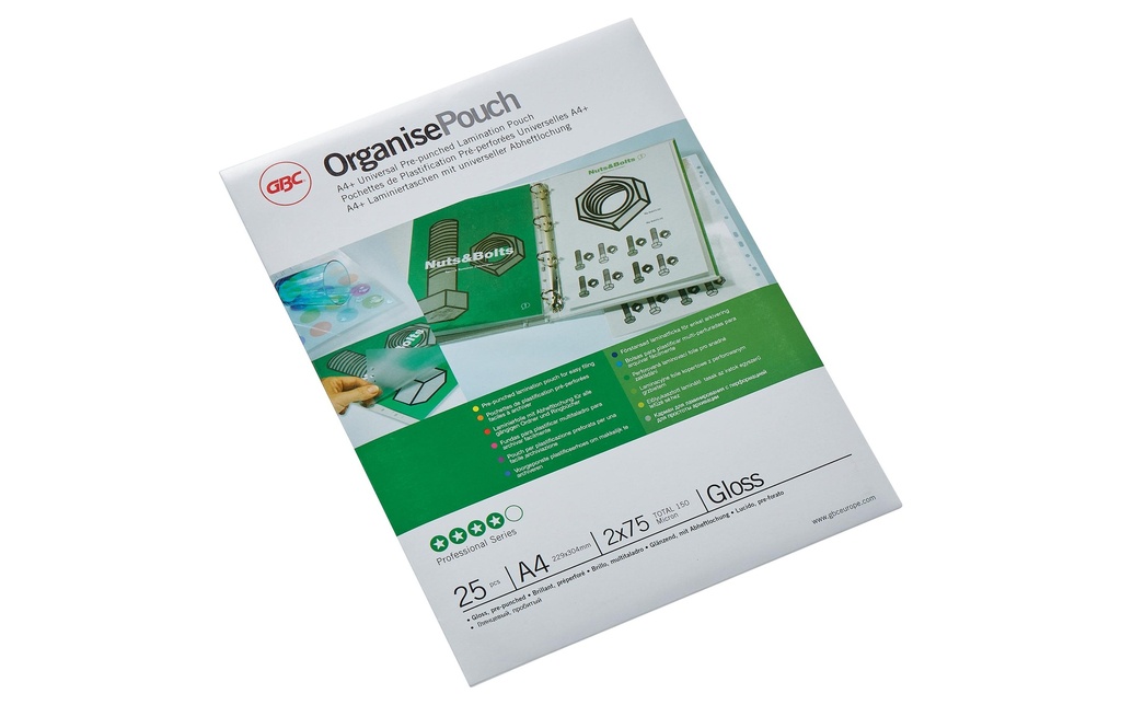 GBC Film laminé Organise A4+, 75 mic, 25 pièces, brillant