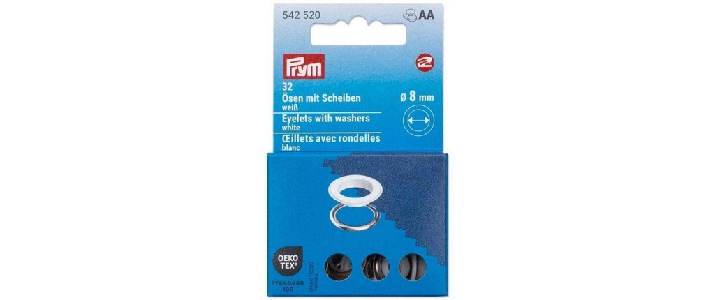 Prym Œillets avec disques, 8 mm Blanc, Argent
