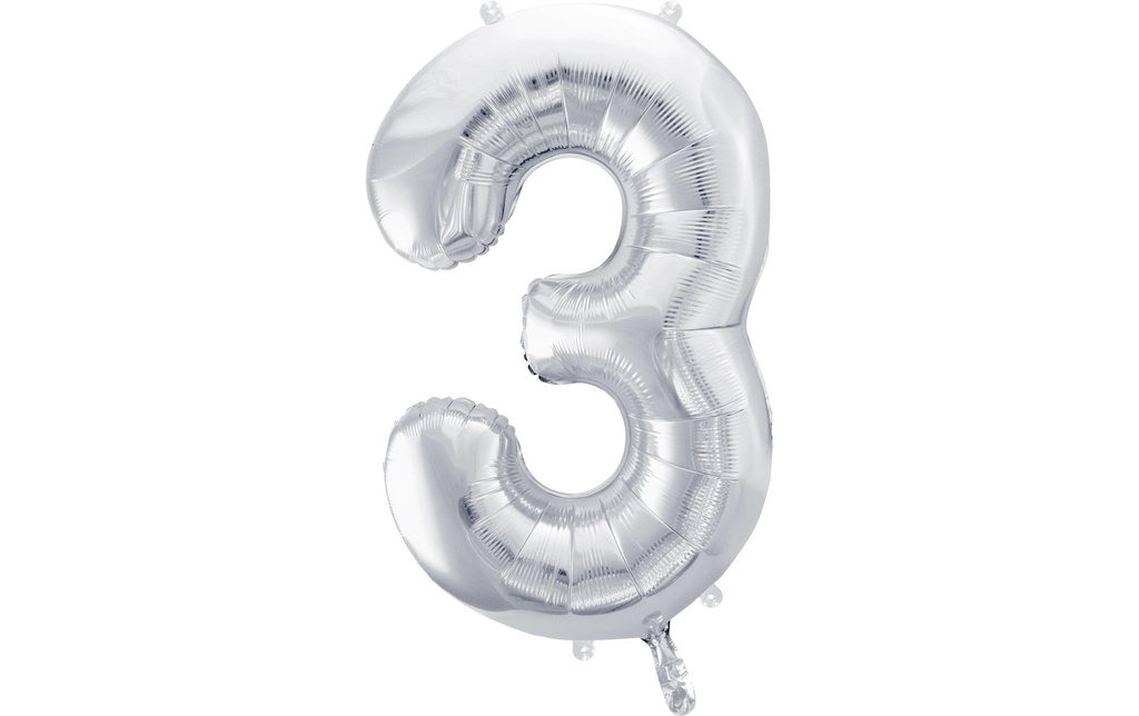 Partydeco Ballon en aluminium Chiffre 3 grand 86 cm, argent, 1 pièce