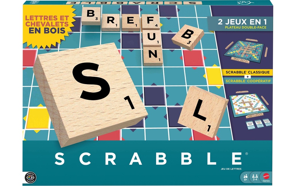 Mattel Spiele Scrabble original en bois 2 en 1 , 2-4 joueurs – FR -