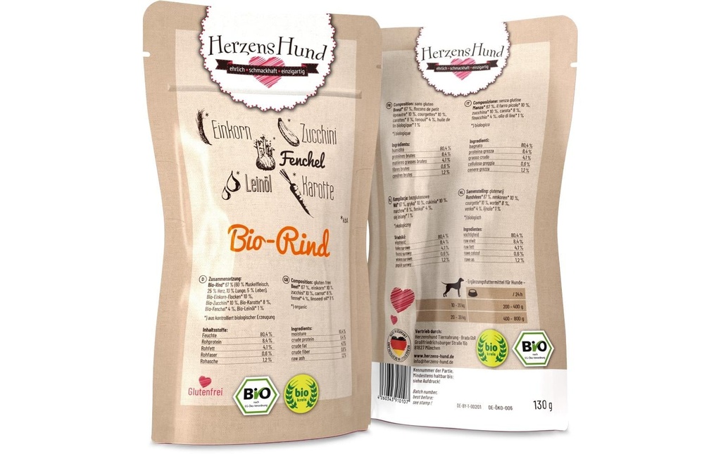 HerzensHund Alimentation humide Canard bio avec légumes bio, 130 g