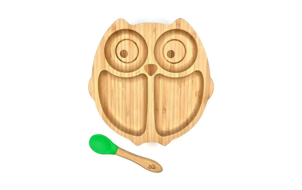 Kleinfuchs Assiette enfant bambou hibou Vert