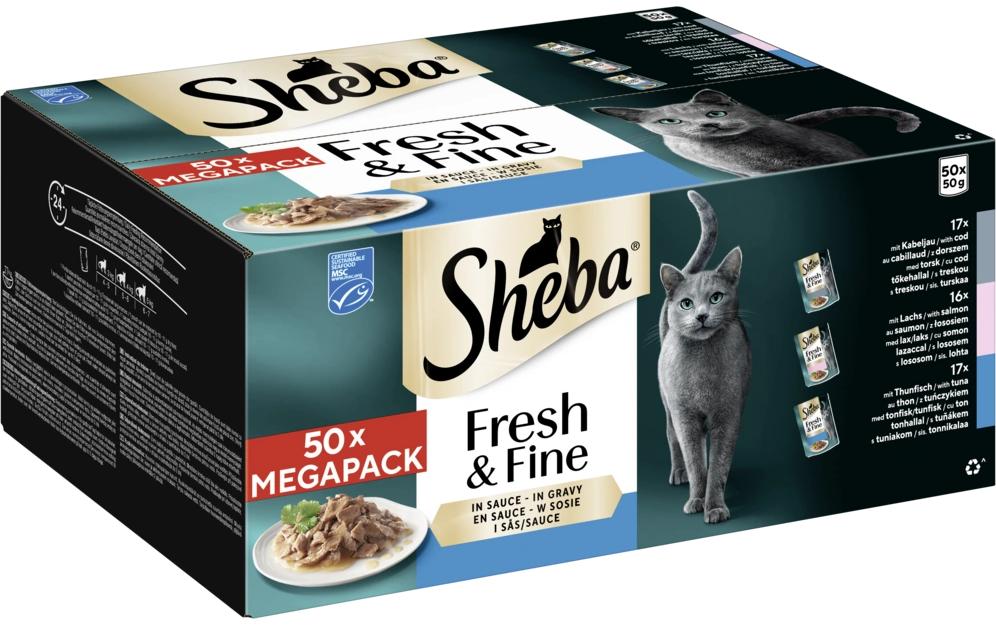 Sheba Alimentation humide Sauce au cabillaud, au saumon et au thon, 50 x 50g