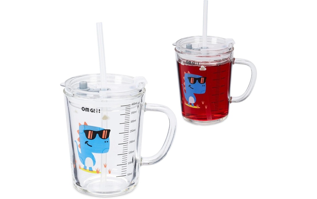 relaxdays Verre à boire pour enfants Dino 2 pièces, 400 ml