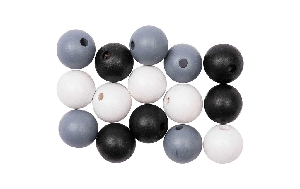 Rico Design Billes de bois Perçage 12 mm Noir-blanc-gris, 15 pièces
