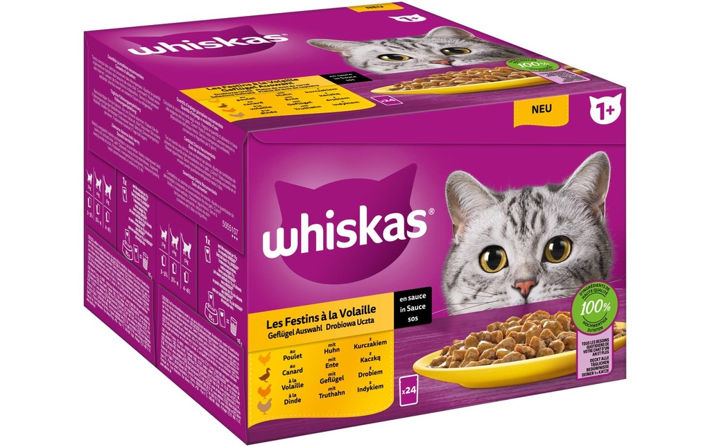 Whiskas Alimentation humide Sélection de volailles en sauce 1+, 24 x 85 g