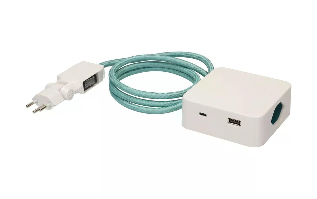 maxTex Bloc multiprises Cube 3x T13, USB A/C, Blanc/Turquoise
